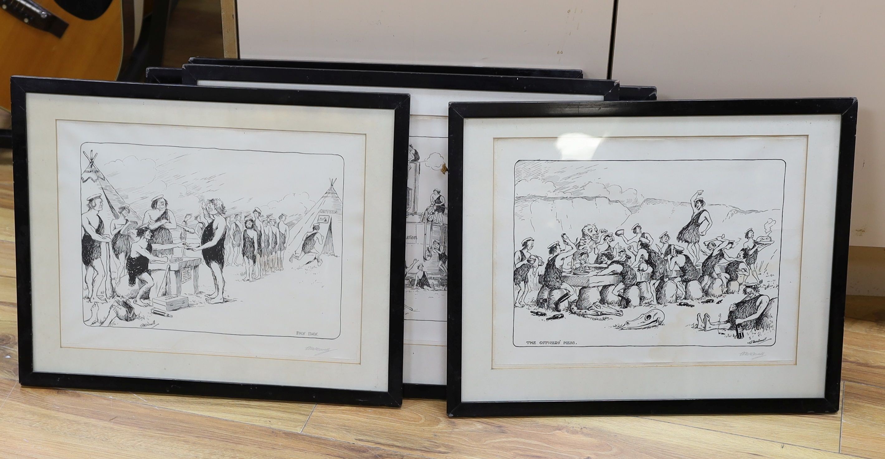 William McDowell (1888-1950), eight black and white prints, Cavemen cartoons, signed in pencil, 31 x 41cm